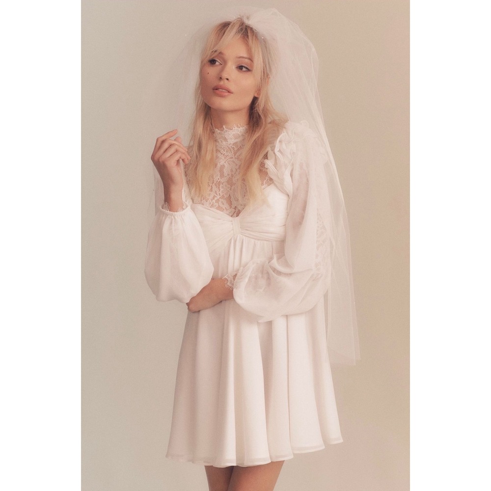 BHLDN Brigitta Long-Sleeve Sweetheart Chiffon Mini Dress in Ivory Size XL